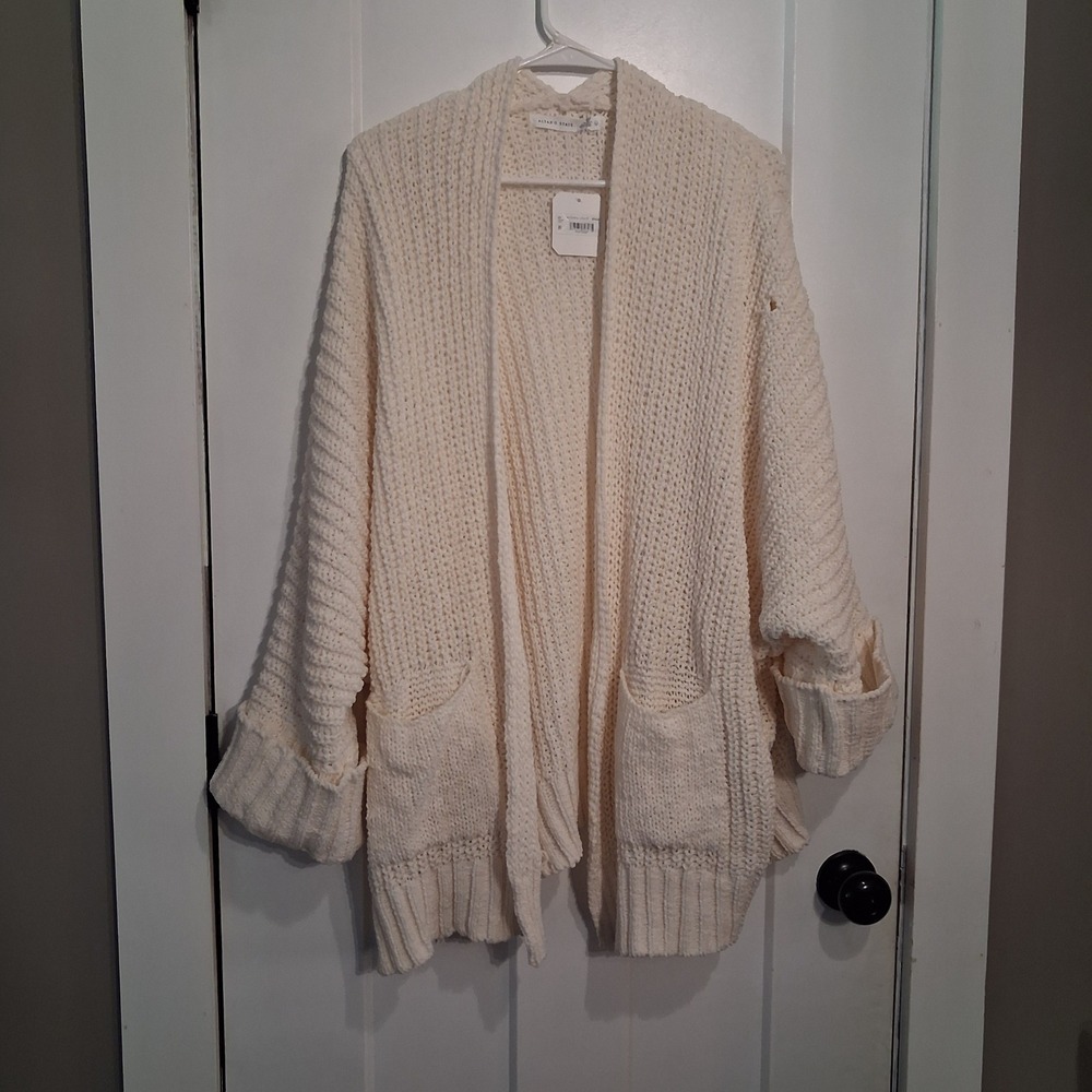 Altar'd State Cardigan Women L Ivory Open Front Knit Oversized Cozy Boho Shacket